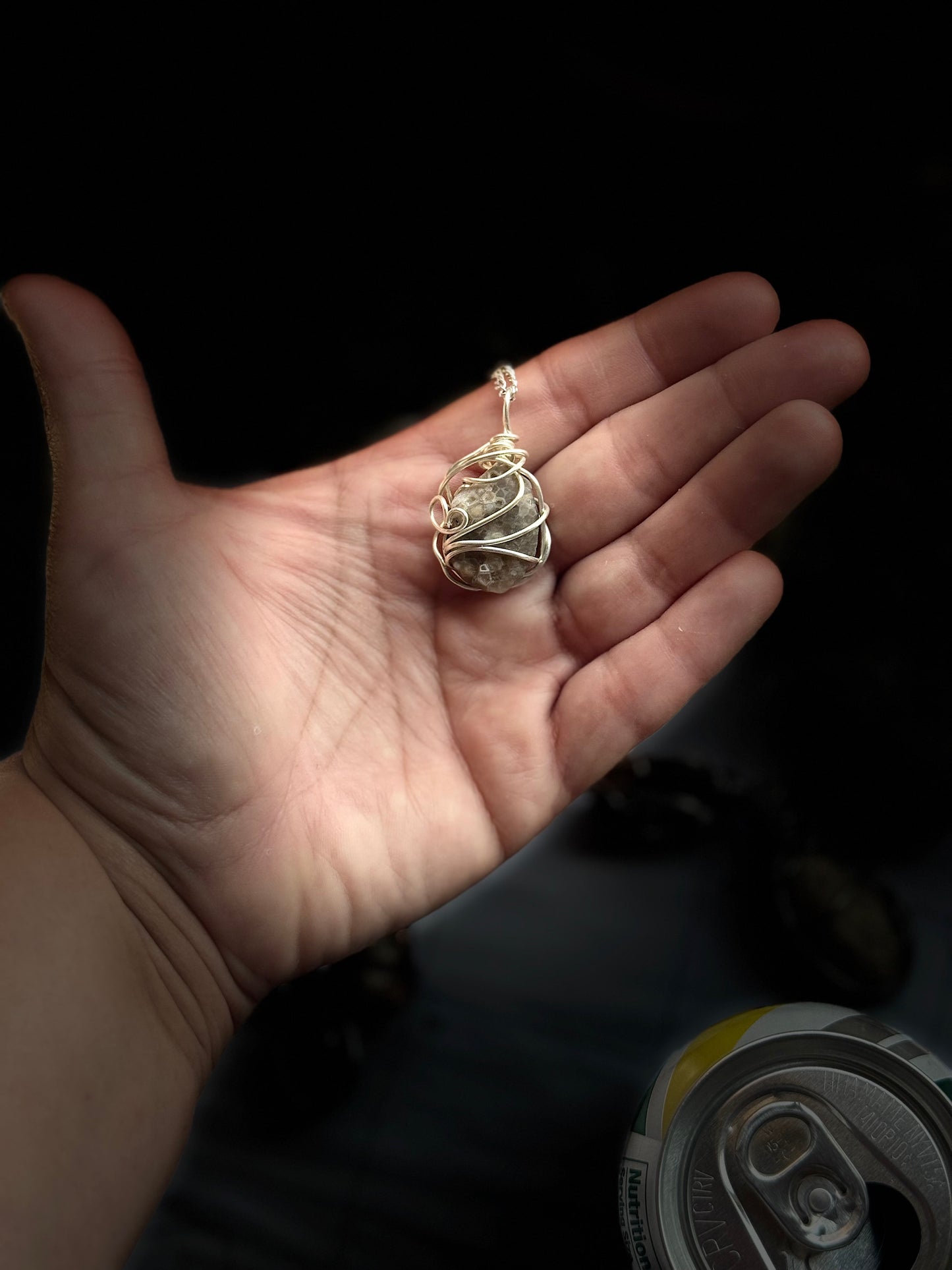 Petite honey-colored fossilized Honeycomb Coral Wire Wrapped Pendant