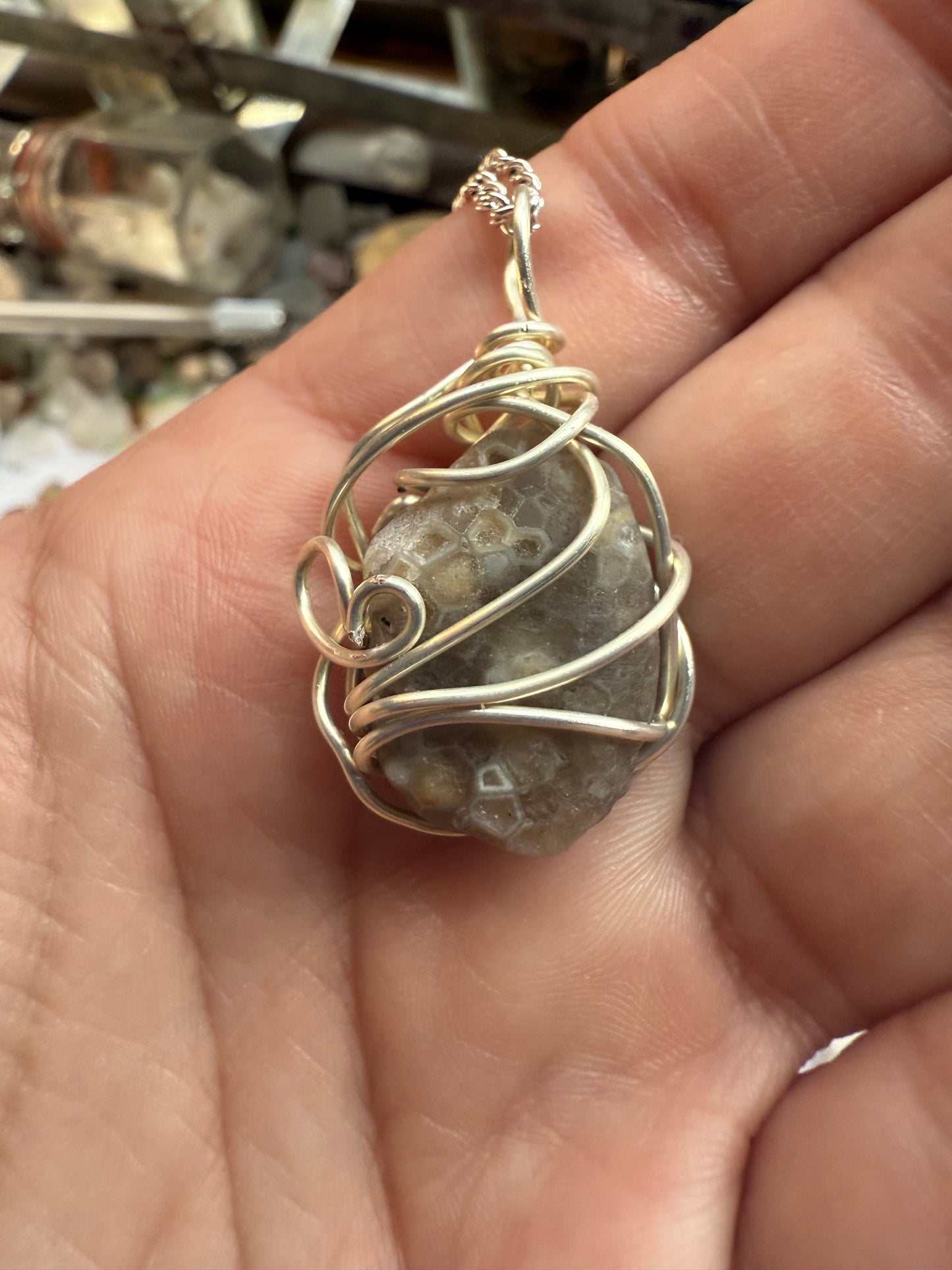 Petite honey-colored fossilized Honeycomb Coral Wire Wrapped Pendant