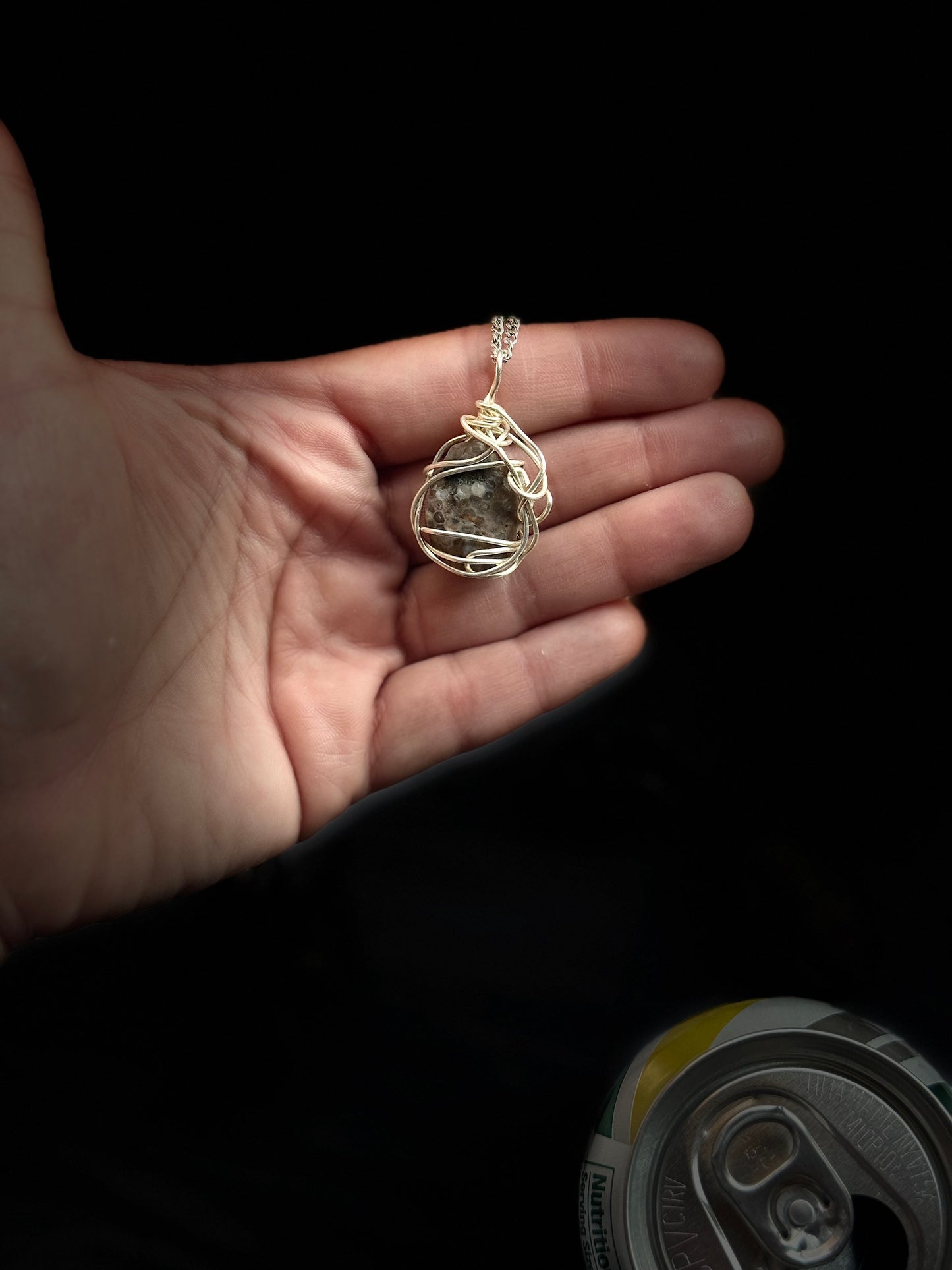 Petite honey-colored fossilized Honeycomb Coral Wire Wrapped Pendant