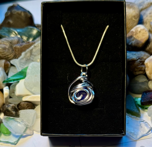 Cobalt Blue Beach Glass Swirl Wire Wrapped Pendant