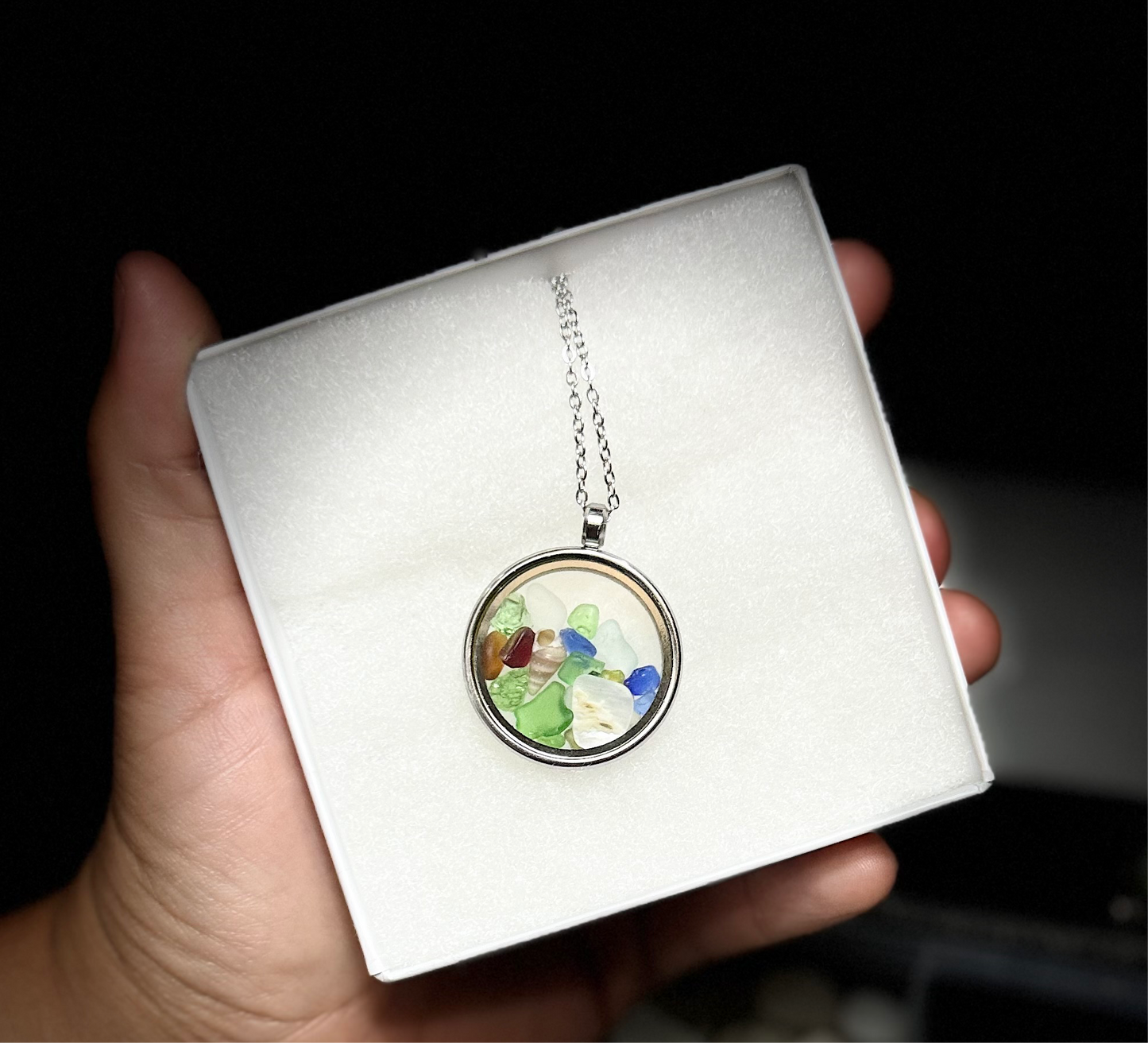 Kaleidoscope Floating Locket (Stainless Steel) - Beach Glass with Lake Erie Shells