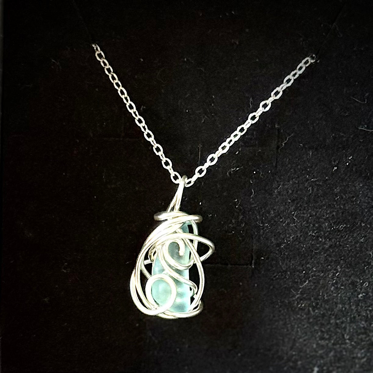 Petite Aqua Blue Beach Glass Abstract Wire Wrapped Pendant