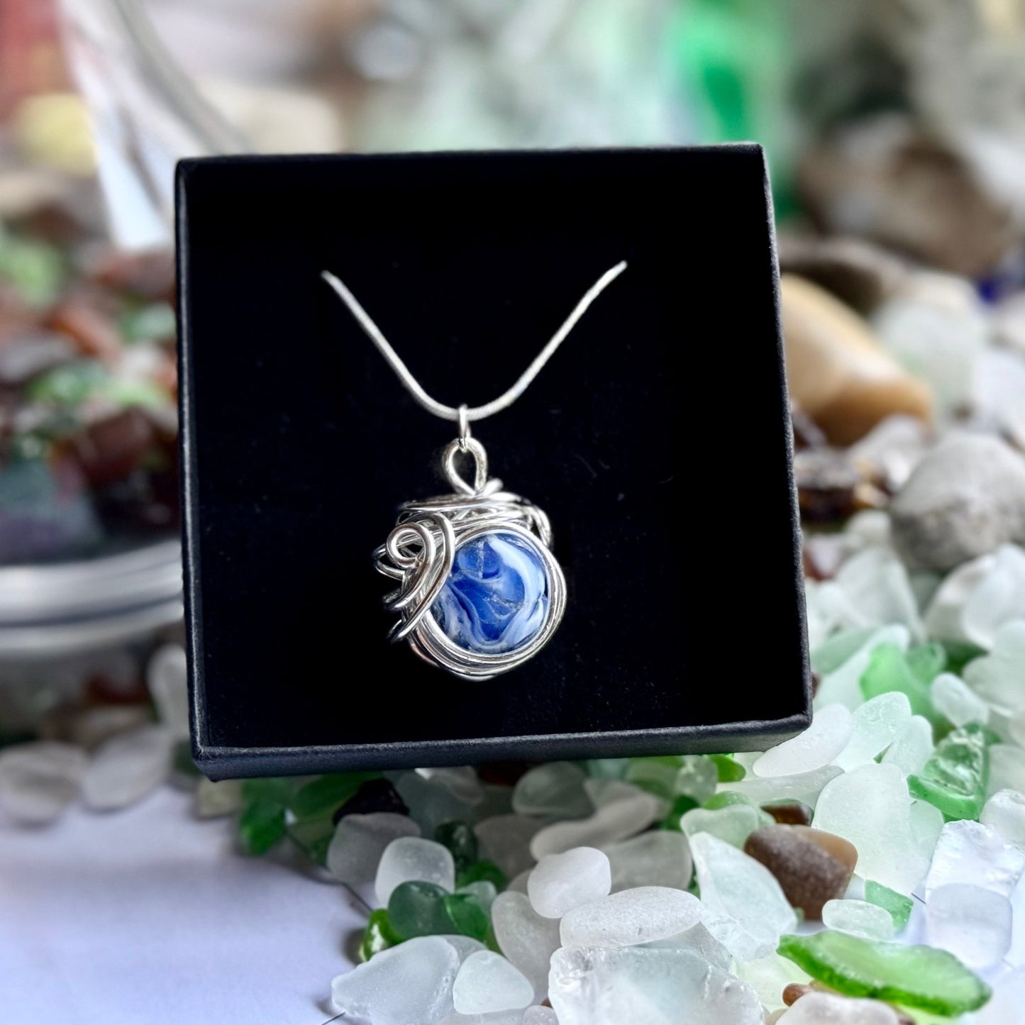 Blue and White Swirl Lake Erie Marble Wire Wrapped Pendant