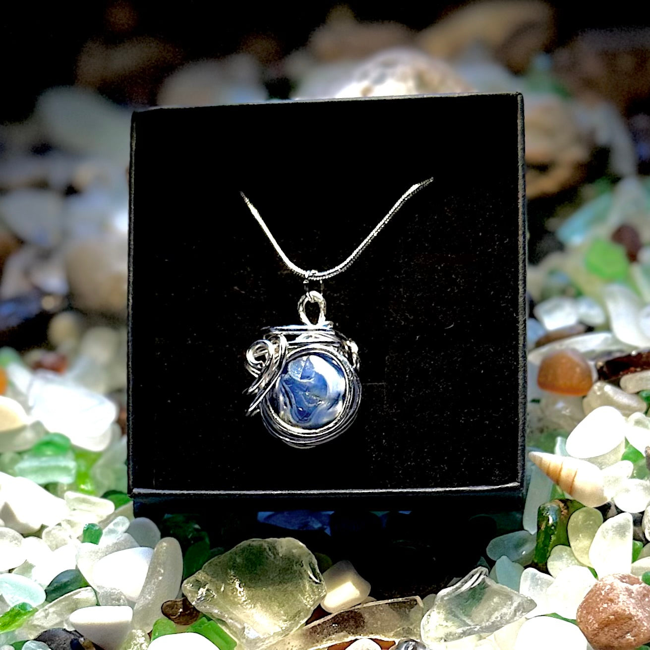 Blue and White Swirl Lake Erie Marble Wire Wrapped Pendant