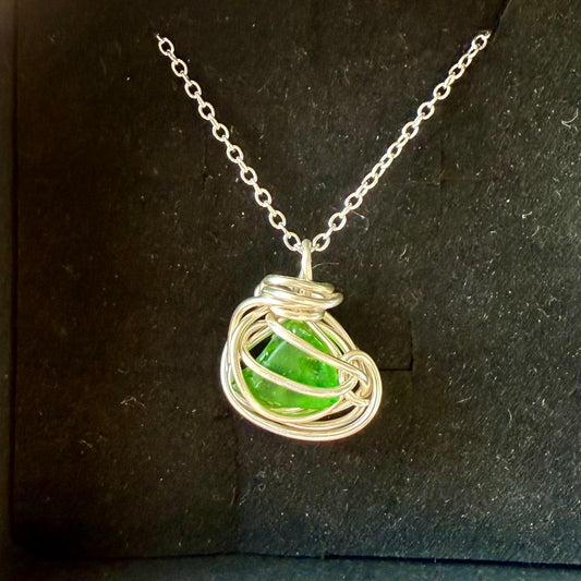 Green & Silver Beach Glass Wire Wrapped Pendant