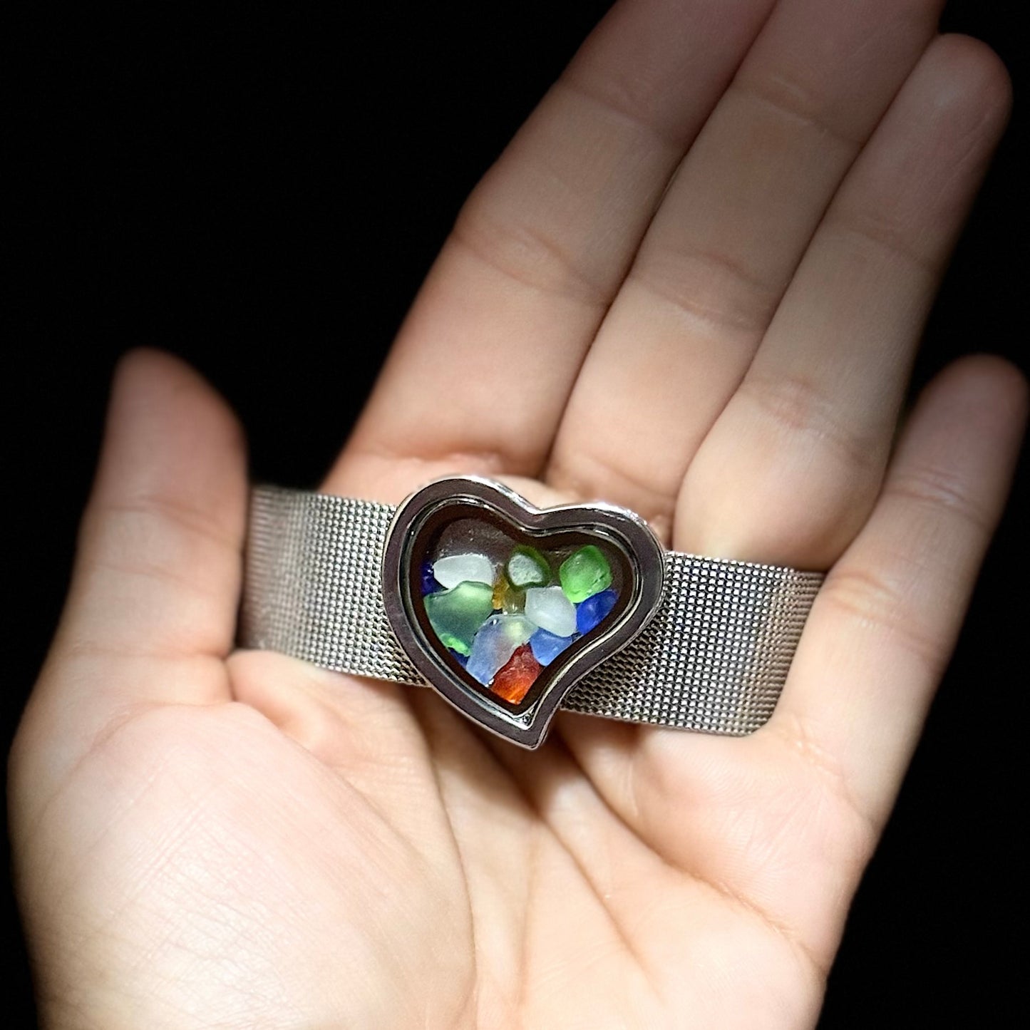 Kaleidoscope Floating Locket Bracelet  with Rare Bright Red Beach Glass