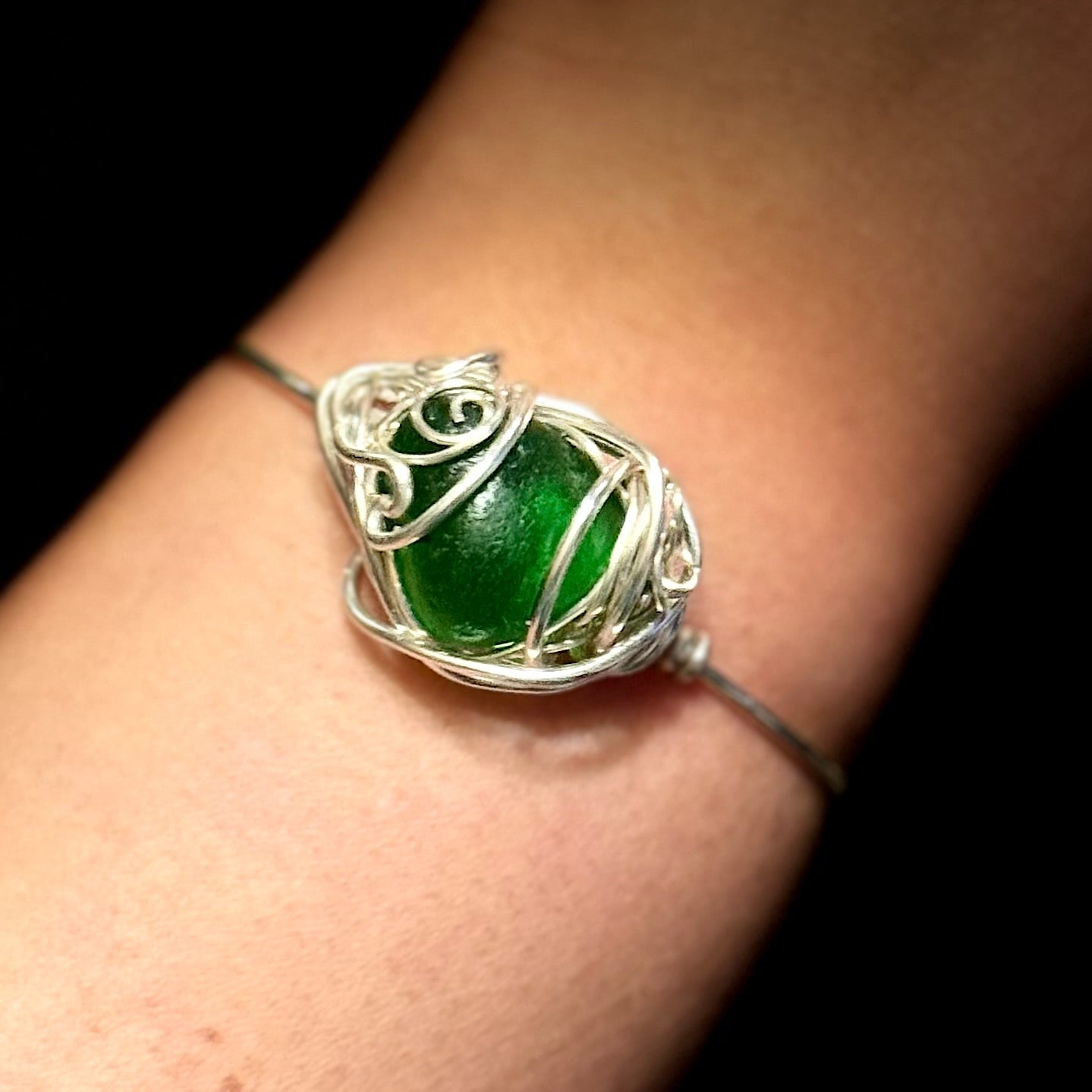 Large Green Beach Glass Wrapped Bangle