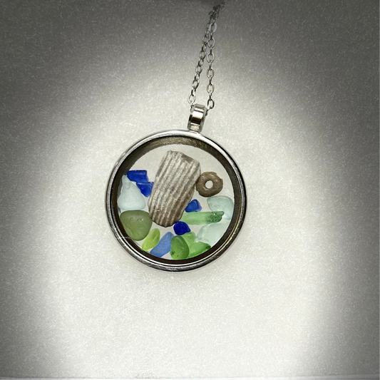 Kaleidoscope Floating Locket (Stainless Steel) - Beach Glass with Crinoid and Horn Coral Fossils