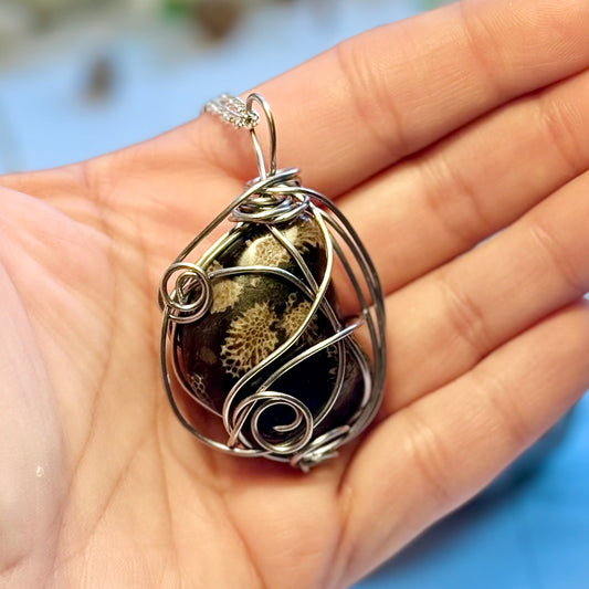 Fossilized Cladapora Coral Wire Wrapped Pendant