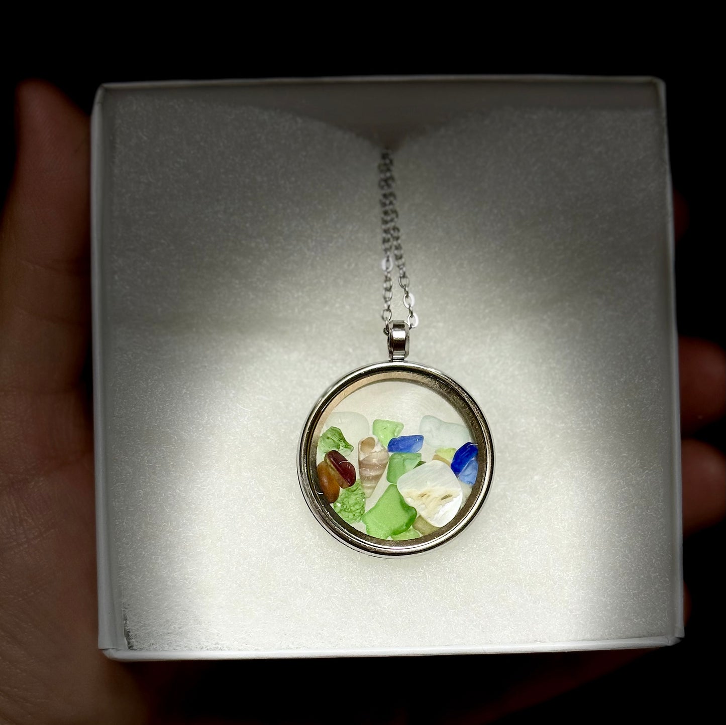 Kaleidoscope Floating Locket (Stainless Steel) - Beach Glass with Lake Erie Shells