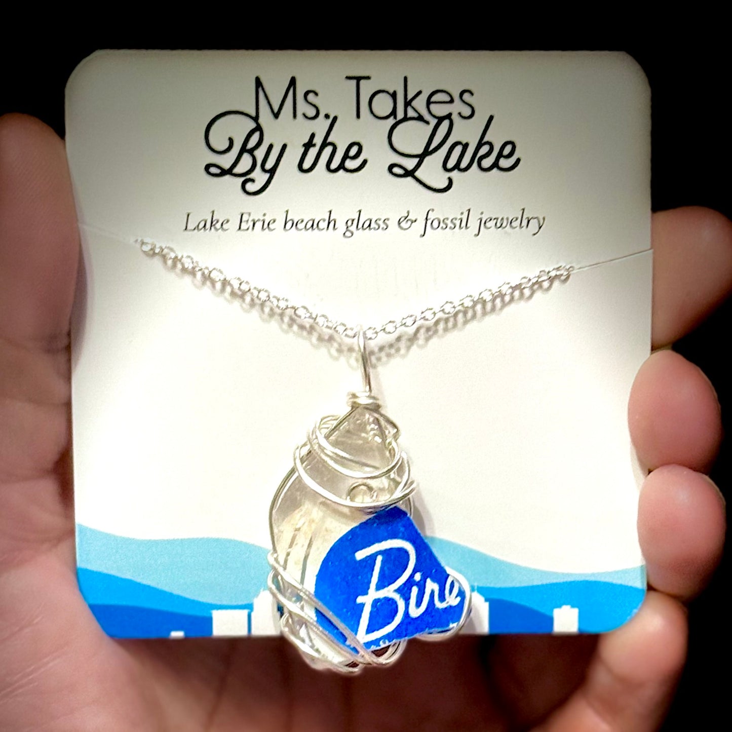 Pendant with Blue Product Label Beach Glass