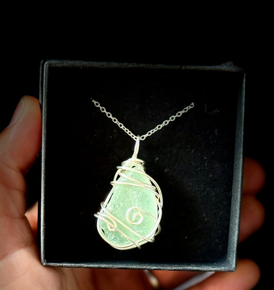 Aqua Blue Beach Glass Wire Wrapped Pendant