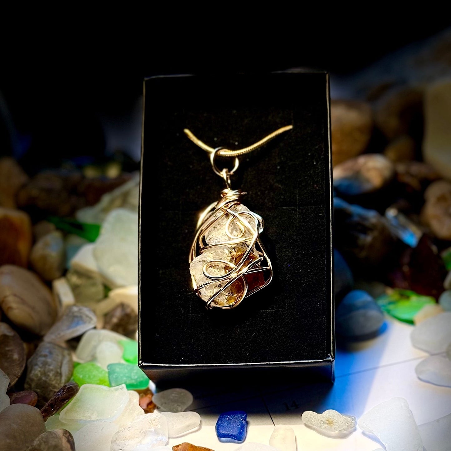 Clear and Amber Fused Bonfire Beach Glass Wire Wrapped Pendant