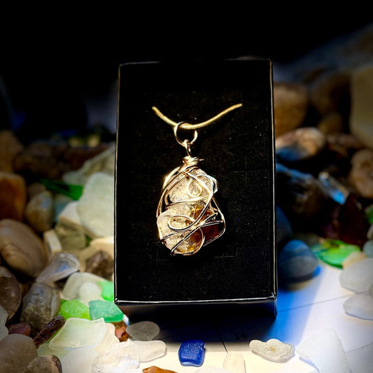 Clear and Amber Fused Bonfire Beach Glass Wire Wrapped Pendant