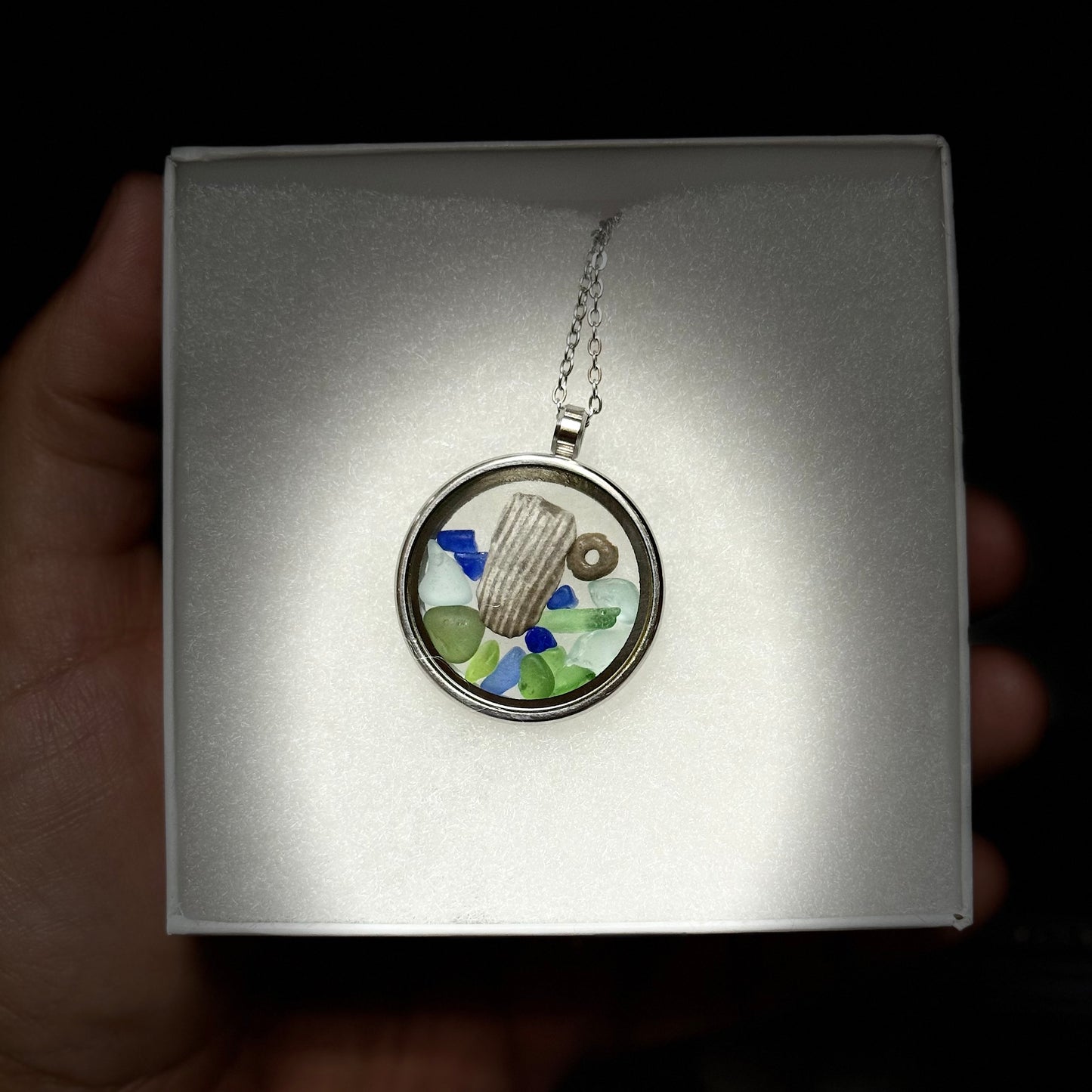 Kaleidoscope Floating Locket (Stainless Steel) - Beach Glass with Crinoid and Horn Coral Fossils