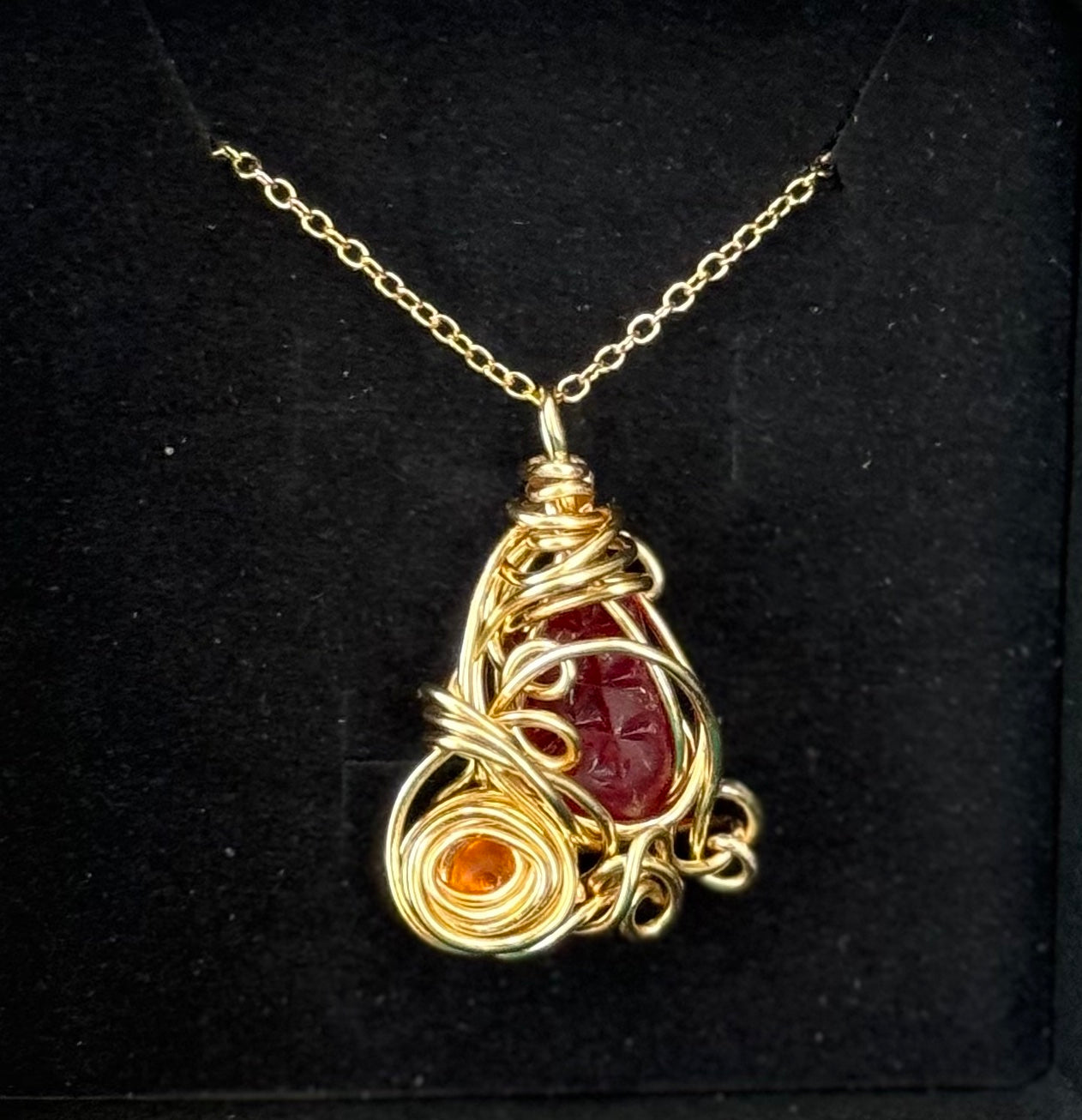 Ultra-rare Red and Orange Amberina Beach Glass Wrapped Pendant